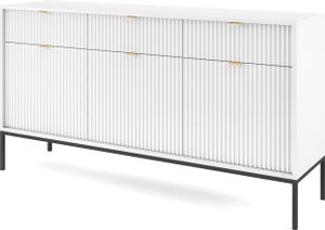 BETTSO Velká komoda s drážkami 3 dvířka a 3 zásuvky Vysoká deska Zlaté úchyty Glamour NOVA 154 cm Bílá na černých nožkách