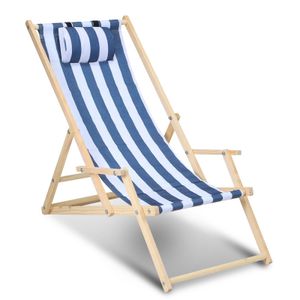 Liegestuhl Chair Liege Klappbar Holz mit Armauflagen Campingstuhl klappliege Blau weiß Mit Handläufen