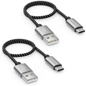 deleyCON USB-C Kabel SET (2 Stück je 0,30m) 30cm Kurz Nylon Ladekabel Datenkabel USB Typ C Metallstecker Laden & Synchronisieren von Handy & Smartphone