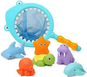 7 Stück Badespielzeug Baby ab 1 2 3 Jahr, Badewanne Spielzeug Kinder, Badewannenspielzeug mit Fischernetz