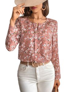 Damen Blusen Baggy Tops Elegant V-Ausschnitte Punkte Langarm T-Shirt Sommershirt Pinke Blume,Größe M
