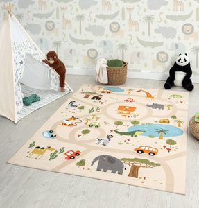 the carpet Happy Life Kinderzimmer, Kinderteppich, Spielteppich, Waschbar, Straßenteppich, Straße, Dschungel, Tiere, Auto, Beige