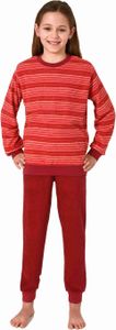 Kuscheliger Mädchen langarm Frottee Schlafanzug Pyjama mit Bündchen in Streifenoptik ; rot , 152