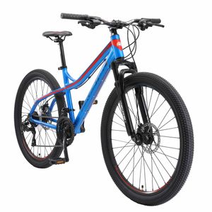 BIKESTAR hardtail hliníkový horský bicykel 26 palcov, 21 prevodov Shimano s kotúčovou brzdou | 16 palcový rám MTB bicykel pre dospelých a mládež | Modrá a oranžová