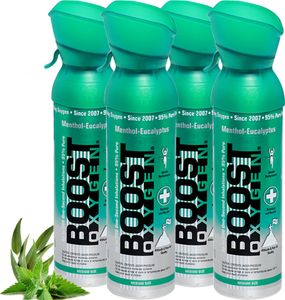 Boost Oxygen Čistý kyslík v plechovke - 20 litrov mentolového eukalyptu, 95 % čistého kyslíka v štyroch prenosných 5-litrových plechovkách