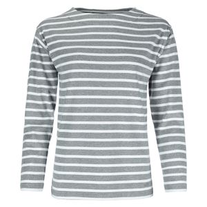 modAS Damen Shirt Bretonisches Damenshirt mit U-Boot Ausschnitt - Ringelshirt Streifenshirt Langarmshirt mit Streifen aus Baumwolle in Graumelange/Weiß in Größe 46
