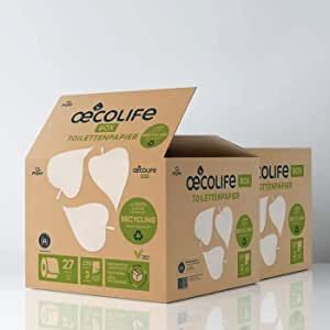 oecolife Toilettenpapier Box RECYCLING, 3-lagig, 54 Rollen x 250 Blatt, Großpackung, superweich, plastikfrei verpackt, vegan, nachhaltiges Klopapier