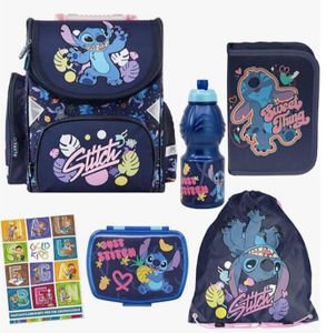 Schulranzen für Jungen und Mädchen, 6er-Set - Schul-Rucksack für Kinder mit Federmäppchen - Schuhbeutel und Hausaufgabenheft - Lilo und Stitch Motiv