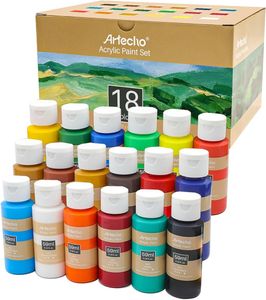 Artecho Acrylfarbe 18 wasserfeste Farben, je 59ml Flaschen mit Klappverschluss, für Papier, Ton, Holz, Steine – zum Reisen, Malen & Freude verschenken