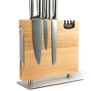 holz4home® Messerblock magnetisch aus Eichenholz I Messerbrett Messerhalter mit Fuß aus Edelstahl I inkl. Messerschärfer I Messerleiste Doppelseitiger