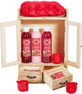 BRUBAKER Cosmetics Bade- und Pflegeset im Holzschrank - Wellness Badeset für Frauen - Damen Geschenkset mit Holz Dekoration, Cranberry Duft