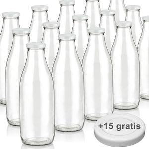 Milchflaschen 1L Saftflasche 1000ml leere Glasflaschen Flaschen mit Deckel BPA frei, Anzahl Flaschen & Deckel:15 Flaschen + 30 Deckel
