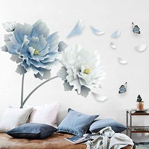 Wandtattoo Wandaufkleber Pfingstrose Blau Weiß Peony Blumen Wandsticker Wandbild Bilder Wohnzimmer Schlafzimmer Deco