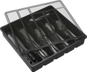 Besteckkasten mit Deckel Besteckhalter Küchenschublade und Arbeitsplatte Besteckkasten 6 Fächer Schwarz