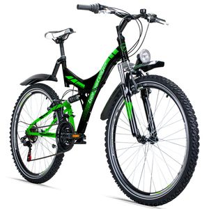 Bergsteiger Memphis 26 Zoll Mountainbike, geeignet ab 150 cm, Dynamo-Licht, StVZO, Shimano 21 Gang-Schaltung, Vollfederung, Jungen-Fahrrad & Herren-Fahrrad