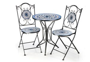 Sitzgruppe Gartenmöbel Mosaikoptik - 1 Tisch - 2 Stühle - Metall - blau-weiß