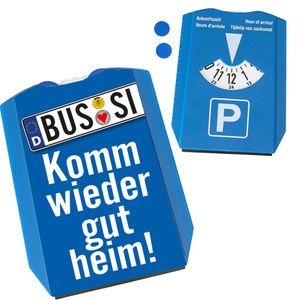 Sicherheit im Straßenverkehr Parkscheibe mit Bussi Motiv mit blauem Hintergrund