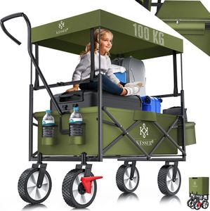 KESSER® Bollerwagen faltbar mit Dach Handwagen Transportkarre Gerätewagen | inkl. 2 Netztaschen und Einer Außentasche | klappbar | Vollgummi-Reifen | bis 100 kg Tragkraft | Mit Vorderrad-Bremse