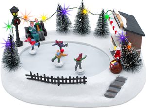 LED Weihnachtsszene Eisbahn mit fahrenden Figuren - 29 x 21 cm - Deko Winterstadt bunt beleuchtet mit Musik - Weihnachts Winter Dorf Szene Tisch Dekoration Spieluhr