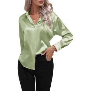 Damen Bluse Elegant Satin Langarm Business Oberteile Weiche Tunika Lässige Hemdbluse hellgrün,Größe:EU L