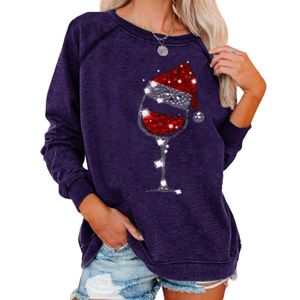 Damen Sweatshirt Weihnachts Pullover Xmas Pulli Rundhals Langarmshirt Weinglas Oberteile Violett,Größe:L