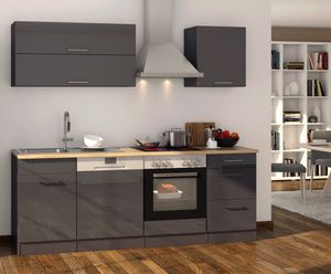 Küchenblock Mailand 220 cm grau hochglanz ohne Elektrogeräte mit Spüle (Geschirrspüler geeignet)