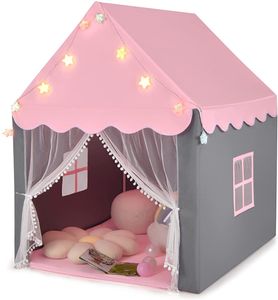 COSTWAY Dětský hrací domeček s hvězdami, dětský stan pro princezny s oknem a podložkou, dětský stan s dvojitým závěsem, dětský hrací zámek pro kluky a pohádky, růžový