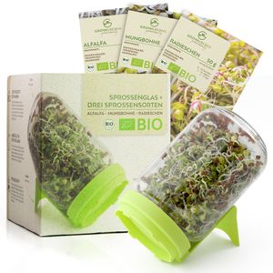 Sprossenglas Keimglas Set mit 3Sprossen Samen - Microgreens Anzuchtset für knackige Keimsprossen (Alfalfa, Mungbohne, Radieschen)