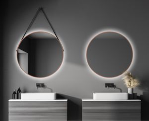 Talos Copper Light Matt Ø 80 cm Wandspiegel - Badspiegel mit indirekter Beleuchtung - Aufhängegurt in Lederoptik - Lichtspiegel mit Lichtfarbe neutralweiß - hochwertiger matt kupferfarbener Aluminiumrahmen - Badezimmerspiegel