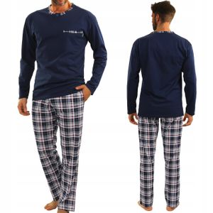 Sesto Senso Herren Schlafanzug Pyjama 100% Baumwolle Langarm + Pyjamahose Nachtanzug - 2188/06 Navy - XL