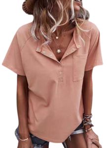 Damen Blusen V-Ausschnitt T-Shirt Pullover Casual Knöpfe Sommer Tops Lässig Oberteile Rosa,Größe XL