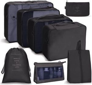 Koffer Organizer Set 8-teilig, Packing Cubes, Wasserdichte Reise Kleidertaschen, Packtaschen für koffer, Verpackungswürfel mit Kosmetiktasche, Schuhbeutel, USB Kabel Tasche (Schwarz)