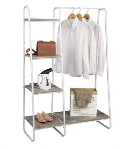 EUGAD Kleiderständer holz mit Kleiderstange mit Ablage Garderobenständer Garderobe Ständer Hängeregal Sand-Weiß