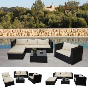 Poly-Rattan-Garnitur Brescia, Gartengarnitur Sitzgruppe Sofa Lounge-Set  schwarz, Kissen creme
