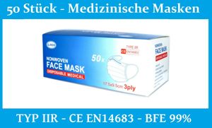 50x Stück medizinische OP Maske Mund Nasen Schutz - TYP IIR, BFE 99%