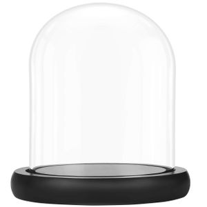 Belle Vous Deko Glasglocke mit Teller Holz Sockel Schwarz - 17 cm - Klare Dekorative Glas Deko Vitrine mit Tablett für Lichterketten Kuchenglocke