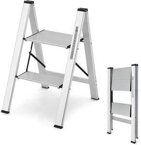 COSTWAY Schodiskový rebrík 2 stupne Schodiskový rebrík, hliníkový skladací rebrík do 150 kg, skladací schodík Skladací a protišmykový, rebrík Schodík pre domácnosť, pre domácnosť Kancelária Garáž, strieborný (2 stupne)