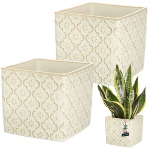 KOTARBAU® Keramik Blumentopf quadratisch Vintage Creme 13x13cm H: 13cm glasierte Keramik 2 St. Blumentopf viereckig Pflanzkübel quadratisch Blumentopf drinnen Blumentopf Pflanzgefäß Blumentöpfe Kerami