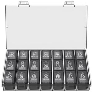 WELLGRO Tablettenbox für 7 Tage - je 3 Fächer pro Tag - separate Wochentagsentnahme - Wochendosierer mit Klickverschluss - Kunststoff - Farbe wählbar, Farbe:Schwarz