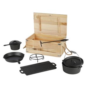 Mucola Dutch Oven Set mit Holzkiste Potjie BBQ Gusseisen Grillpfanne Feuertopf Schmortopf  für Lagerfeuer Camping Grill Bräter