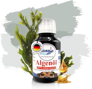 Algenöl 100% vegan und fischfrei reich an Omega-3-Fettsäuren, 100ml Flasche Einzelfuttermittel für Hunde, Katzen und Pferde