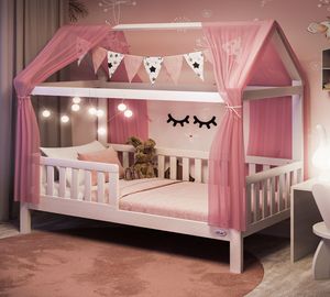 Alcube SET Hausbett 90x200 cm mit Deko weiß und Matratze - Massivholz Kinder Bett mit Rausfallschutz und Lattenrost 200x90 cm - Weiß