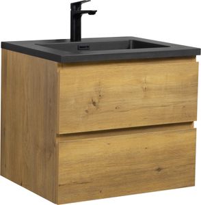 Badezimmer Badmöbel-Set Angela 60 cm - Schwarzes Waschbecken - Eiche - Unterschrank Schrank Waschbecken Waschtisch