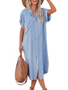Damen Sommer Jean Kleider Urlaub Kurzarm Denim Hemd Kleid Unregelmäßige Feste Farbe Himmelblau,Größe M