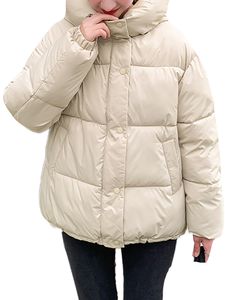 Frauen Langarm Puffer Jacken Urlaub Mit Kapuze Outwear Casual Button Down Mantel, Farbe:Weiß, Größe:Xl