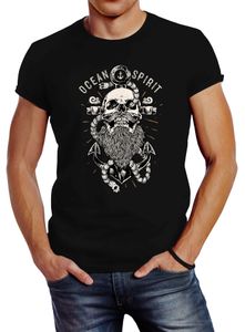Herren T-Shirt Skull Captain Anker Totenkopf Bart Kapitän Ocean Spirit Slim Fit Neverless® schwarz XXL
