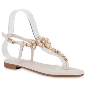 VAN HILL Damen Sandalen Zehentrenner Strass Blumen Sommer-Schuhe 840364, Farbe: Nude, Größe: 38