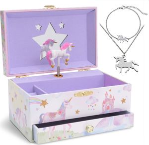 Jewelkeeper Schmuckschatulle mit Einhorn-Spieluhr für kleine Mädchen – Schmuckaufbewahrung für Kinder mit 3 ausziehbaren Schubladen – Musikschmuckschatulle mit Halskette und Armband – Schöne Traummelodie – 17,1 x 11,4 x 14,9 cm