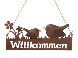 Metallschild Willkommen mit Vögeln 24 cm Türschild Hängedeko Schild Wanddeko