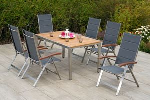 Merxx Gartenmöbelset "Ferrara" 7tlg. mit Tisch 150 x 90 cm - Edelstahlgestell mit Textilbespannung Grau und Akazienholz